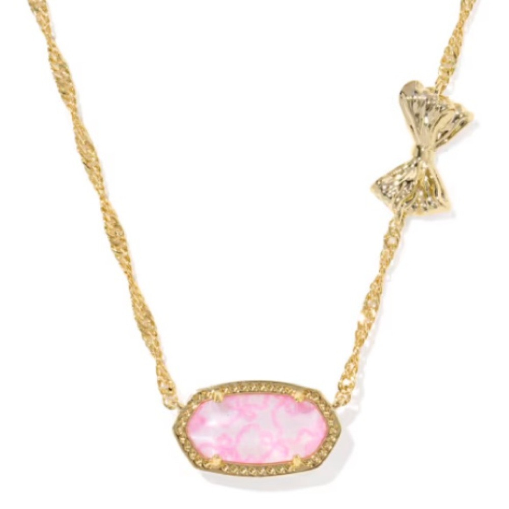 NWT Kendra Scott x LoveShackFancy Bow Gold Elisa Necklace in Posey Pink Luna